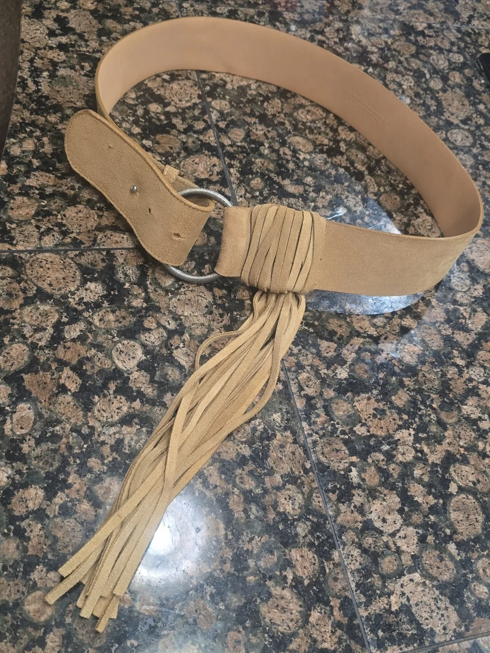 The limited Suede Tassel Waist Belt in Tan sz med